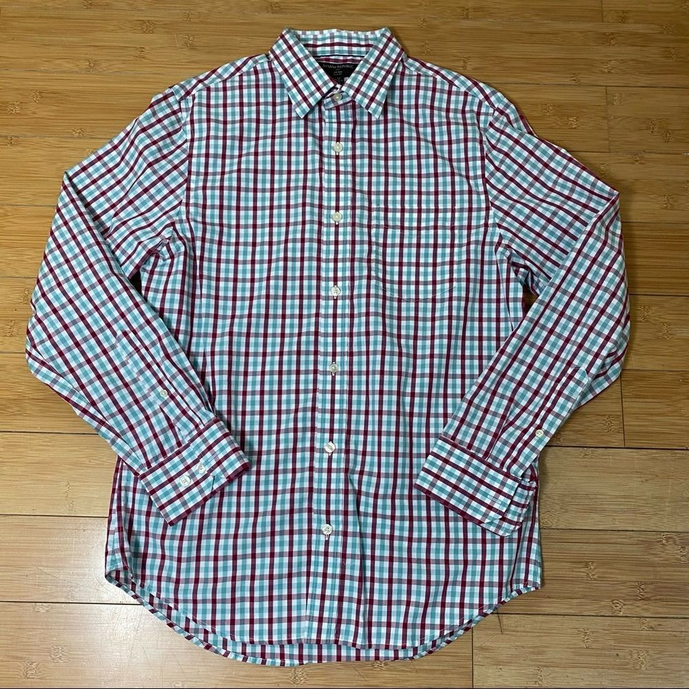 Banana Republic Button Down Dress Shirt - White, Maroon, Green Plaid
